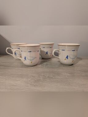 4 Vintage 1987 Newcor Countryside Geese Stoneware Cups Granny Core Cottage Core